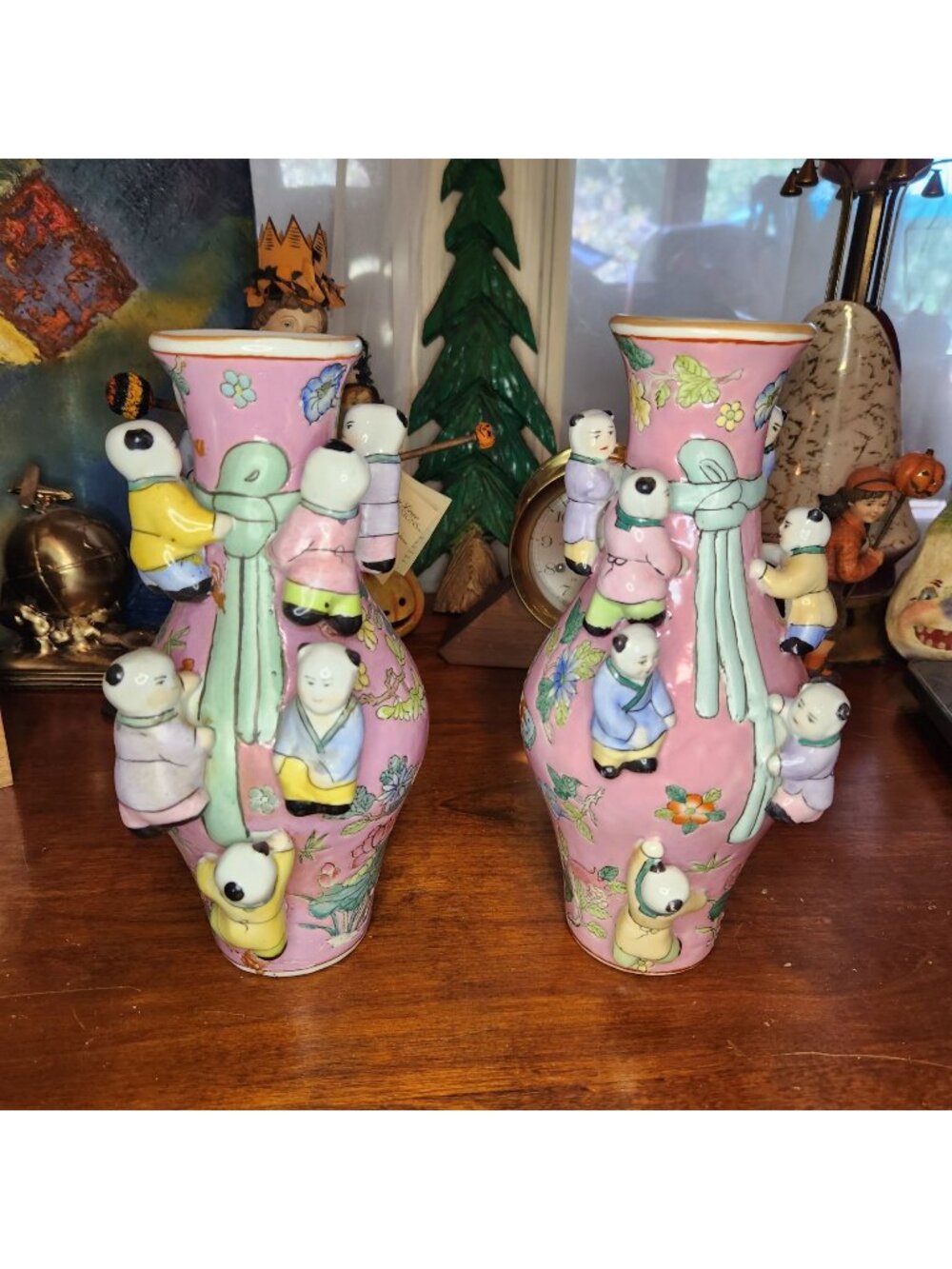 Pink Famille Rose Porcelain Fertility Vase With Figures Floral Butterfly Design